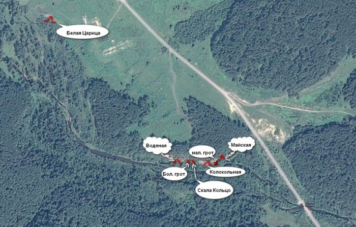 Расположение пещер схема района Пещера Колокольная (Серпиевская-2), Белая царица, Майская, Водяная