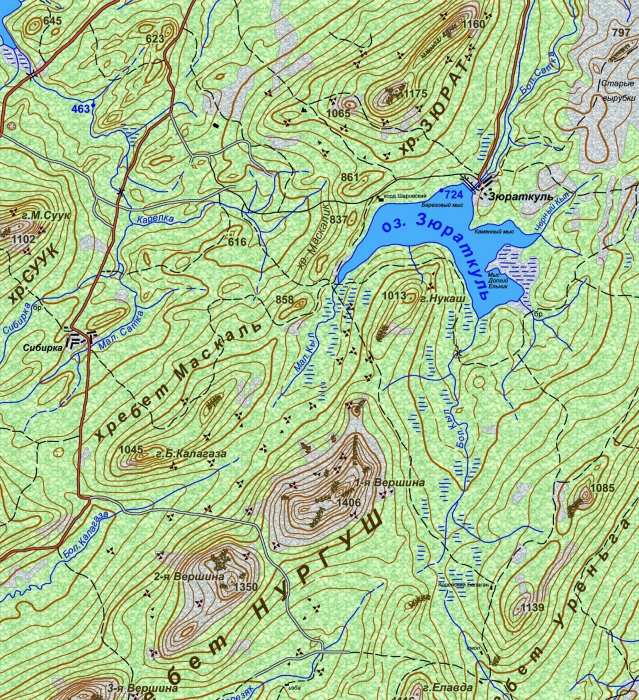 Карта хребтов Нургуш, Маскаль. Озеро Зюраткуль