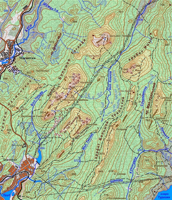Обзорные карты хребтов Таганай, Уральский, Ицыл