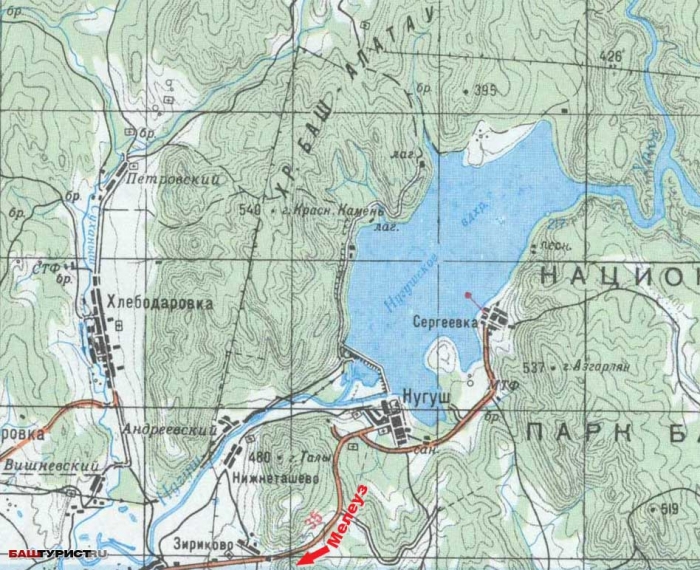 Нугушское водохранилище на карте