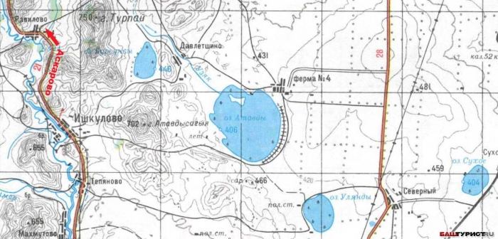 Озеро Атавды, Улянды и Сухое в масштабе 1:200000. Абзелиловский район