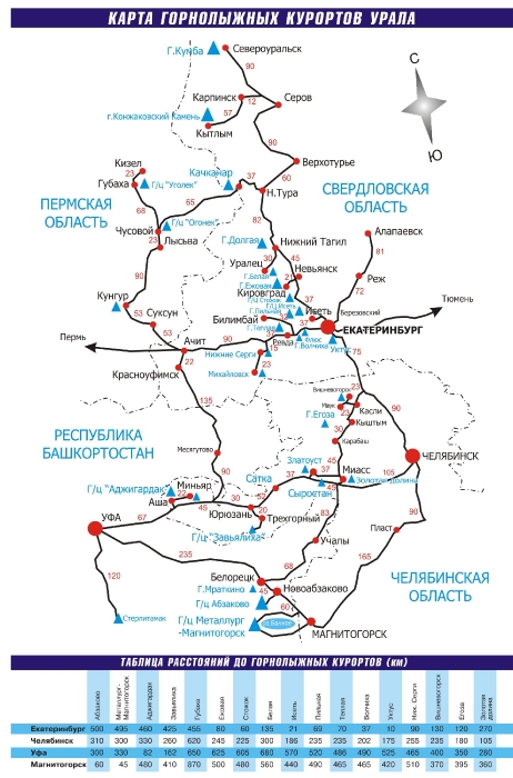 Карта горнолыжных курортов Урала